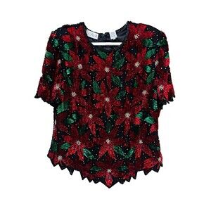 Scala Christmas Poinsettia Beaded Sequin Silk Black Red Top 80s Size XL Vintage